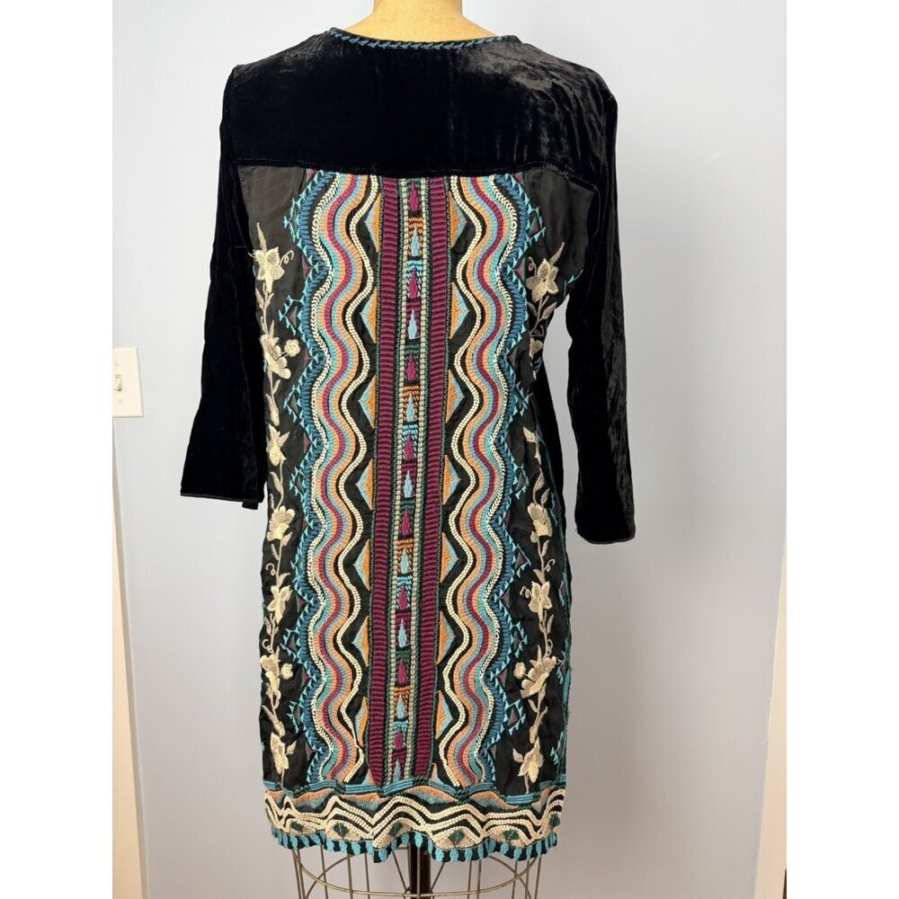 Johnny Was Yucatan Embroidered Back Velvet Tunic Dress Size S V Neck READ